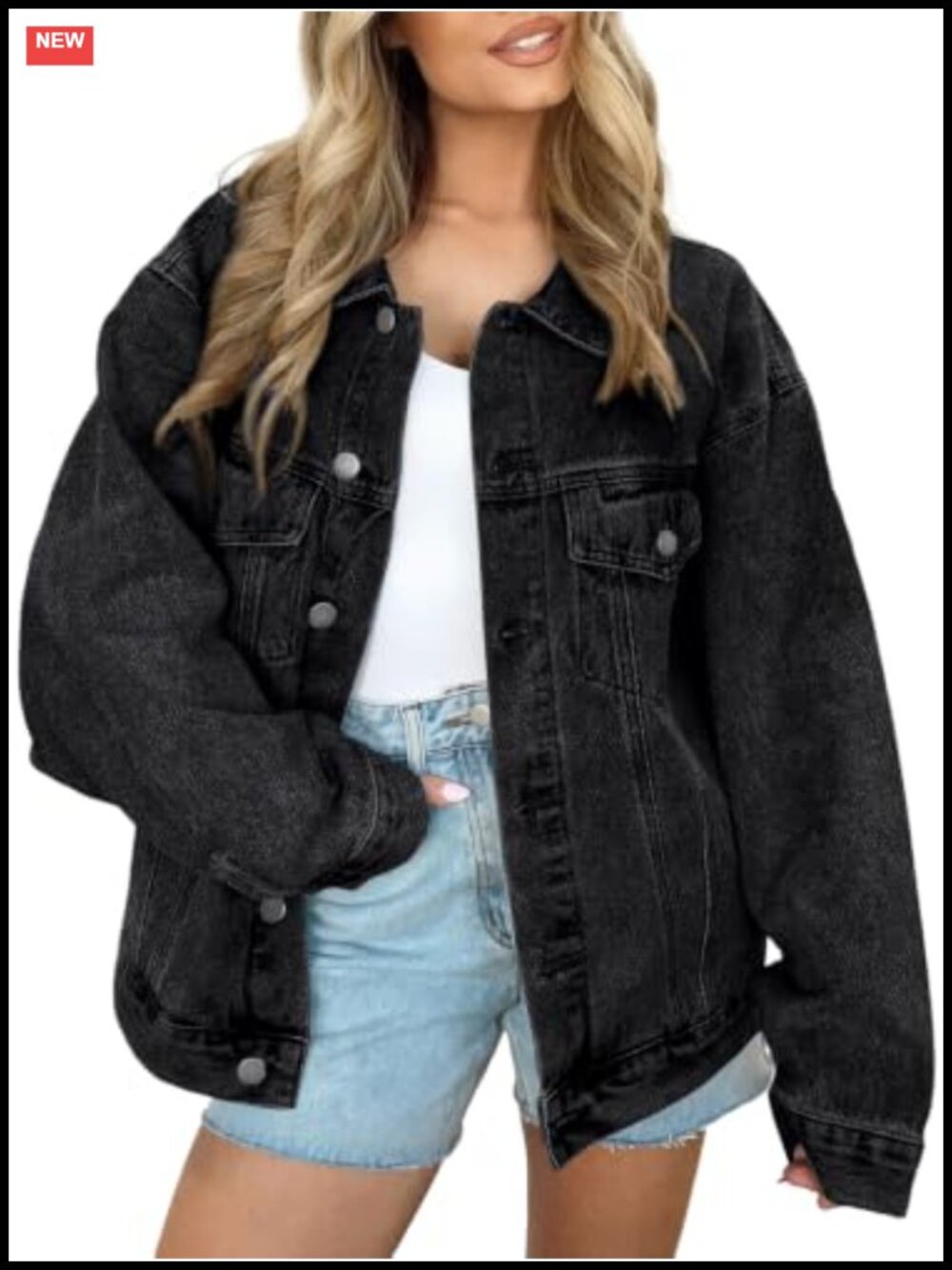 Oversized Button Down Denim Jacket Distressed Boyfriend Style Cotton